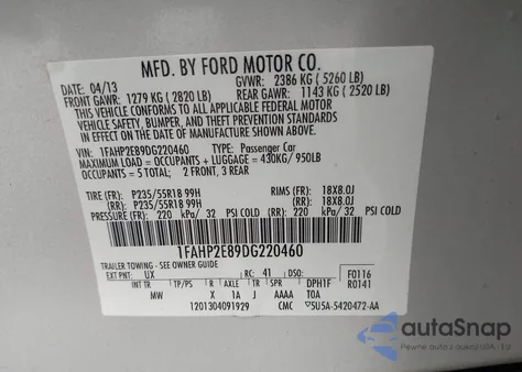 2013 Ford Taurus Sel from USA, damaged, VIN 1FAHP2E89DG220460